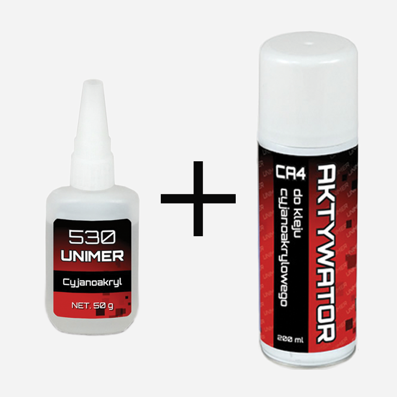 Zestaw Klej cyjanoakrylowy do mebli MDF Unimer 530 50 g + Aktywator CA4 200 ml